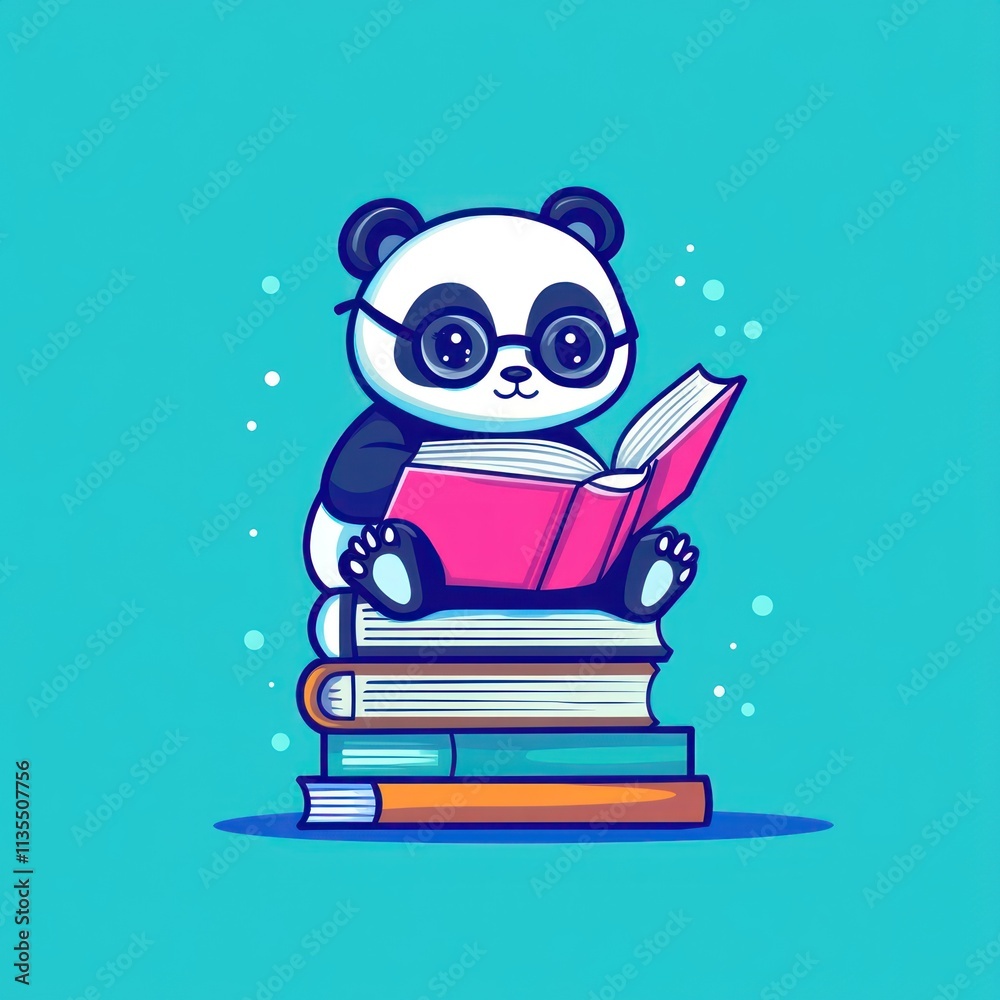 Poster Panda with glasses reading on books stack.