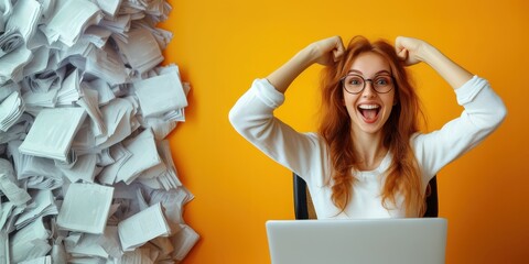 Excited woman celebrating success in a vibrant workspace with a mountain of papers