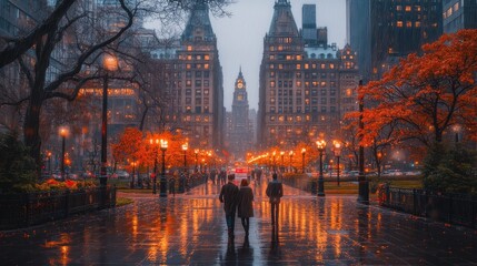 Naklejka premium Detectives searching for clues in a rainy urban setting during autumn evening light