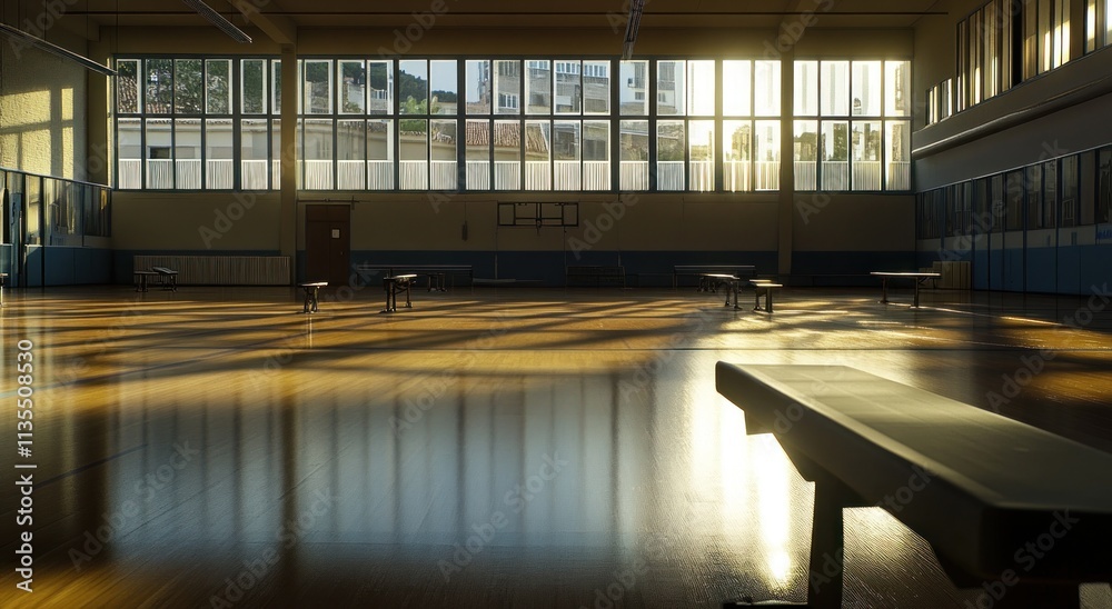 Poster empty gym with benches, sunlight streaming in windows.