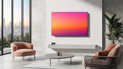 Modern Living Room with Abstract Art and City View Window