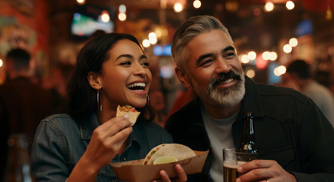 couple eating tacos in a bar