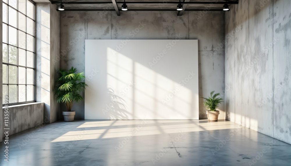 Poster industrial style gallery space blank canvas in bright sunlit interior. large windows cast shadows on