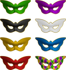 set of colorful carnival masks. collection of realistic mardi gras masks. butterfly shaped masks	