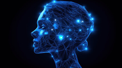 A blue digital human head composed of glowing lines, close-up side view