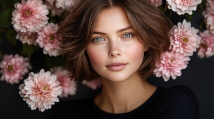 Naklejka premium Explore the art of cosmetics with a model showcasing flawless beauty surrounded by pink flowers