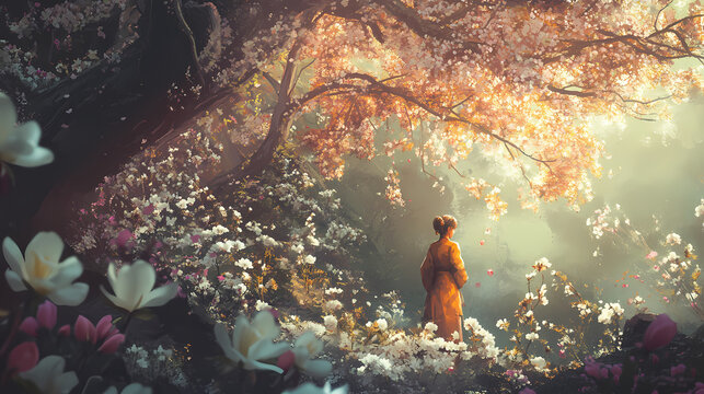 The eternal spring: life's perpetual renewal and bloom - imagine a spring that never ends, symbolizing the perpetual renewal and blooming of life after death. Eternal. Illustration