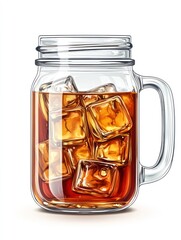 A glass mason jar filled with ice cubes and a dark beverage.
