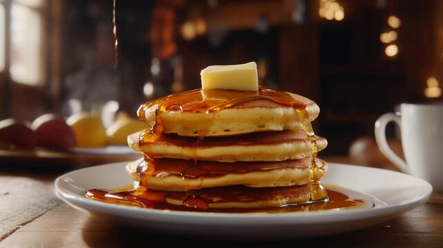 stack of fluffy pancakes topped with butter and drenched in golden maple syrup, served fresh on a white plate. Video made using Generative AI