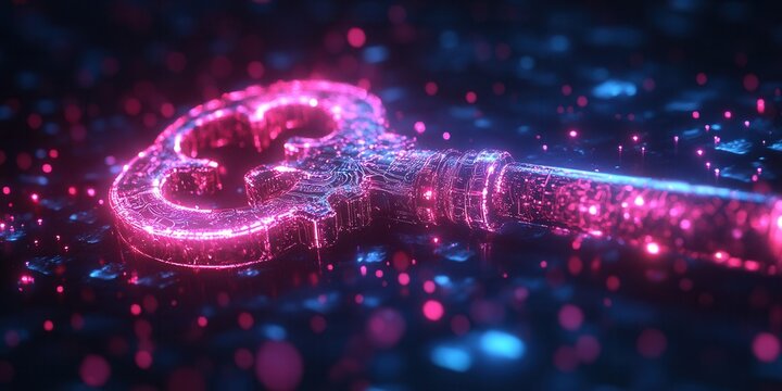 Futuristic Holographic Key, intricate glowing patterns, digital design, sci-fi aesthetic, modern technology representation, vibrant colors