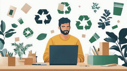 Fototapeta premium Innovative Product Designer Creating Eco-Friendly Packaging with Biodegradable Materials in 2D Flat Illustration