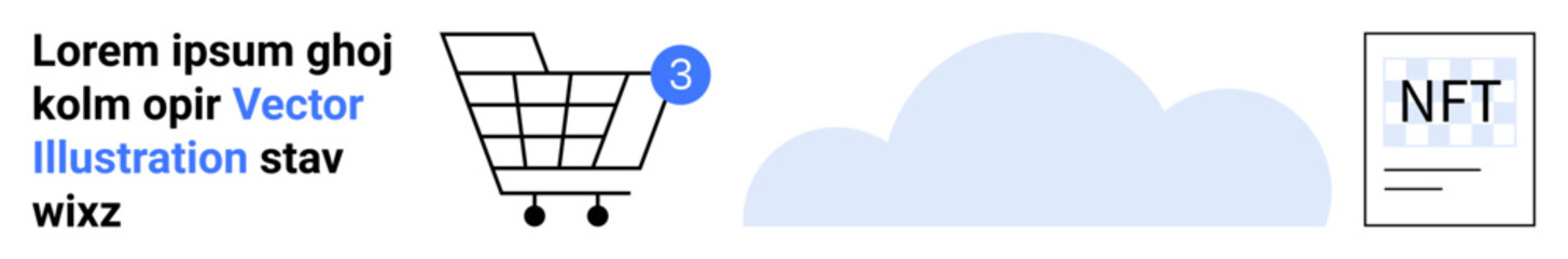 Shopping cart with 3 notifications, blue cloud, and NFT art. Ideal for e-commerce, digital art, cloud storage, online shopping, notifications, updates, and blockchain. Landing page
