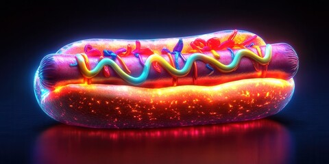 Glowing Holographic Hotdog Icon, vibrant condiments, eye-catching design, playful and modern aesthetics, perfect for digital menus or food apps