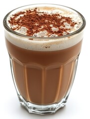 A glass of creamy coffee topped with cocoa powder, ideal for a cozy beverage experience.