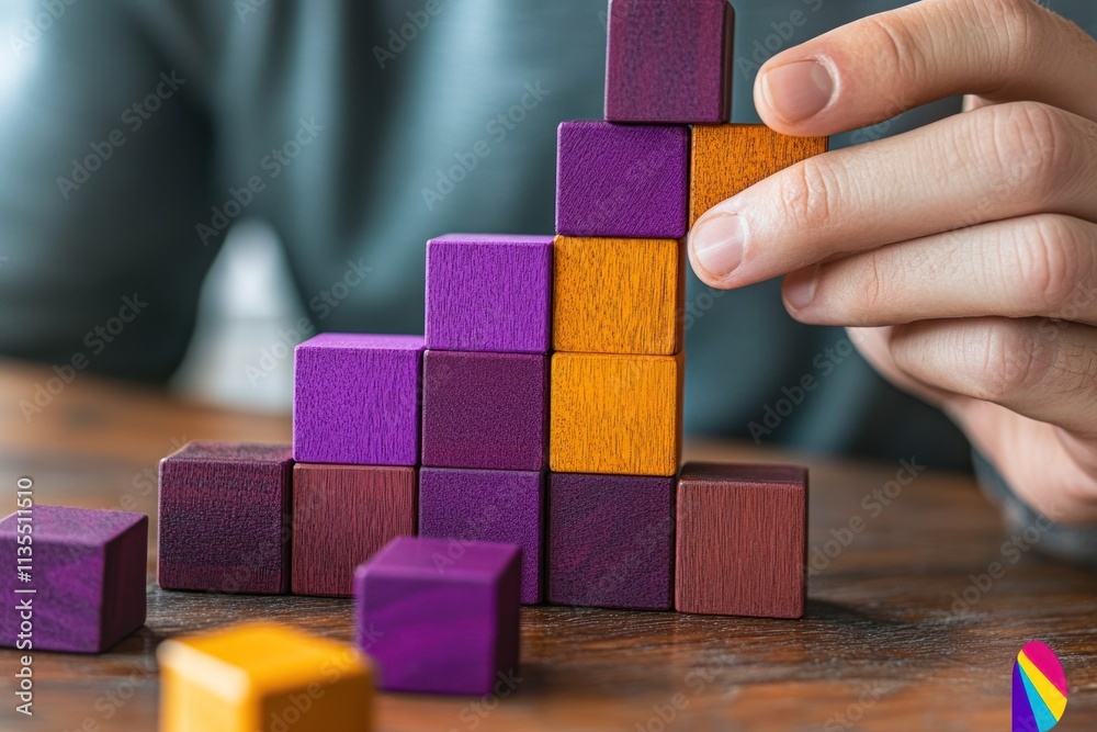 Poster man builds a block pyramid with purple and orange wooden cubes.