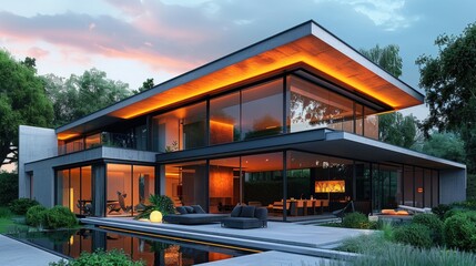 Naklejka premium Modern glass house with warm lighting and landscaped surroundings at sunset.