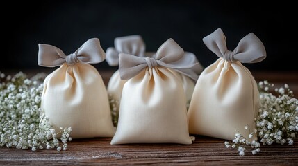Elegant Cream Fabric Pouches with Gray Bows and Baby's Breath