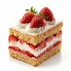 A slice of layered strawberry cake topped with fresh strawberries and whipped cream.