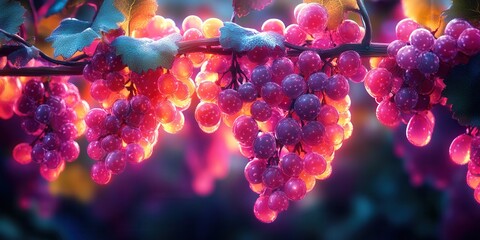 Fototapeta premium Glowing Neon Grapevine Icon, vibrant holographic design featuring radiant fruit clusters, captivating and modern aesthetic, ideal for digital art applications