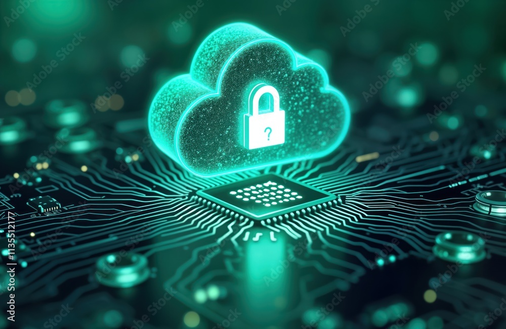 Poster Futuristic glowing cloud with padlock floats above circuit board. Cloud computing tech security concept. Illustrates secure data storage, online access. Advanced digital tech innovation in cyber