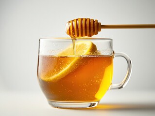 A cup of tea with lemon slices and honey being drizzled in.