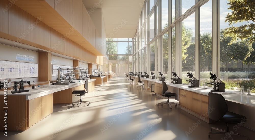 Poster Bright modern lab with microscope and desks near large windows.
