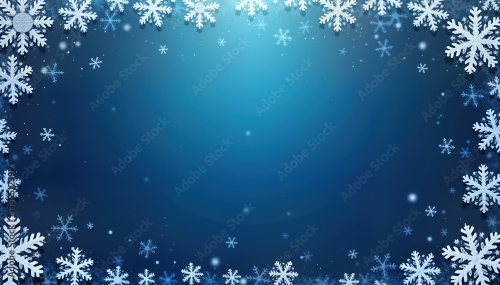 Poster festive winter holiday design with blue background. glittering snowflakes create frame around empty 