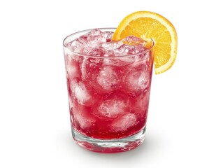 A refreshing drink in a glass filled with ice, garnished with an orange slice.