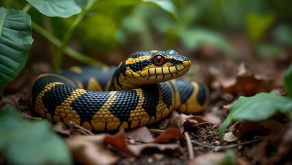 Gaboon Viper Camouflaged in Underbrush