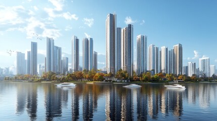Obraz premium Modern City Skyline Reflection on Calm Waters