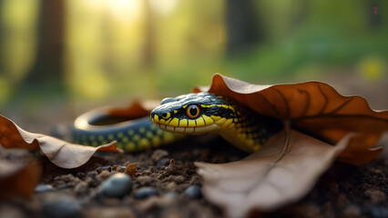 Obraz premium Garter Snake Hiding in Leaves