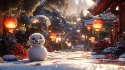 Obraz premium Snowman in Winter Wonderland with Lanterns and Scenic Pathway