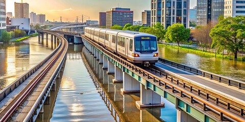 Naklejka premium Scenic Urban View of a Modern Train Traveling Through a Vibrant City with Water Reflection and Lush Green Trees During Sunset in an Urban Landscape
