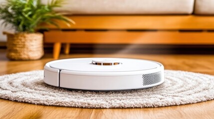 A robotic vacuum cleaner on a rug in a modern living space.