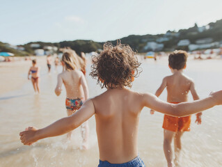 kids and children playing joyfully at the beach, in the water, on a bright summers day, childhood,...