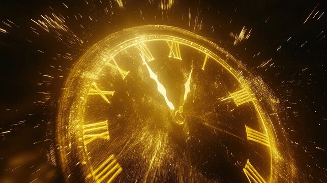 Golden Clock Exploding in Time with Sparkles and Light Effects