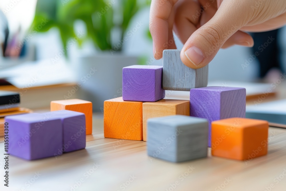 Poster hand placing gray block onto colorful toy blocks on wood desk.
