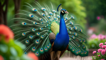 Obraz premium Vibrant Peacock in a Lush Garden