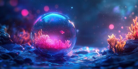 Fototapeta premium Glowing Diver in Neon Depths, a holographic icon depicting an explorer immersed in vibrant underwater hues, capturing the thrill of discovery