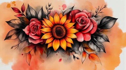 Vibrant floral tattoo design featuring sunflowers and roses on a colorful background - Powered by Adobe