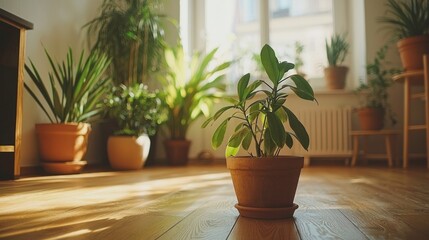 Fototapeta premium Tranquil Minimalist Living Room with Wood Furniture and Potted Plants Embracing Eco-Friendly Design Aesthetic