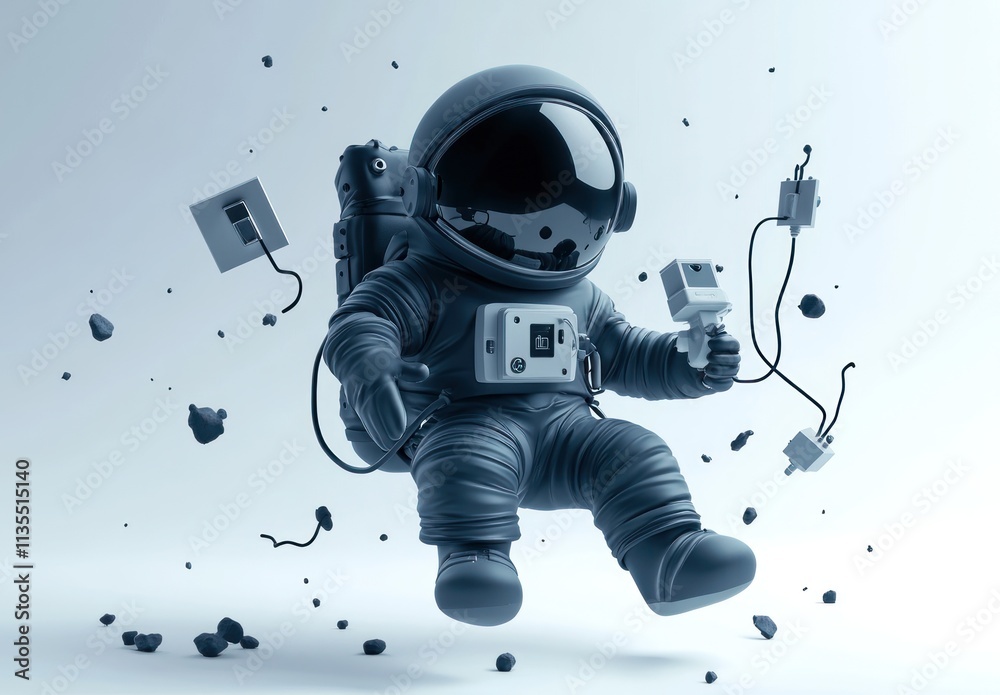 Poster cartoon astronaut floats with tools in space, minimal monochrome scene.