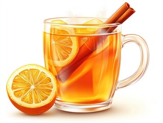 A warm beverage with orange slices and a cinnamon stick in a glass mug.