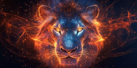 Majestic lion's head hologram, intricate glowing patterns, symbolizing strength and courage, vibrant and captivating design