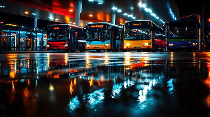 Fototapeta premium City Buses Lined Up at Night Under Vibrant Streetlights Reflecting on Wet Ground