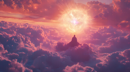 Jesus christ sitting on a throne high above the clouds in heaven, with healing peaceful light bursting out. Eternal. Illustration