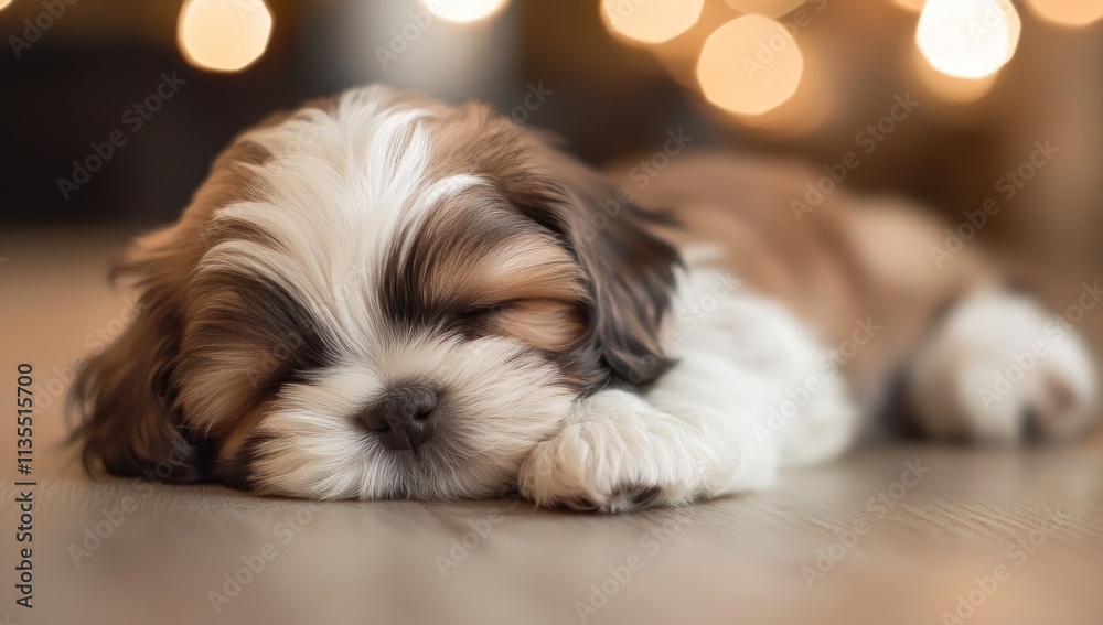 Poster Sleeping puppy on floor with bokeh background.