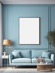home retro interior background with sofa, table and decor in living room, Powder Blue wall