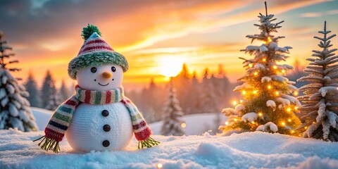 Obraz premium Charming Snowman in a Winter Wonderland with Snow-Covered Trees and a Vibrant Sunset Background Perfect for Holiday Cheer and Seasonal Greetings