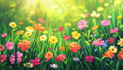 Fototapeta premium Illustration of Multicolored Cosmos Flowers in a Grassy Field